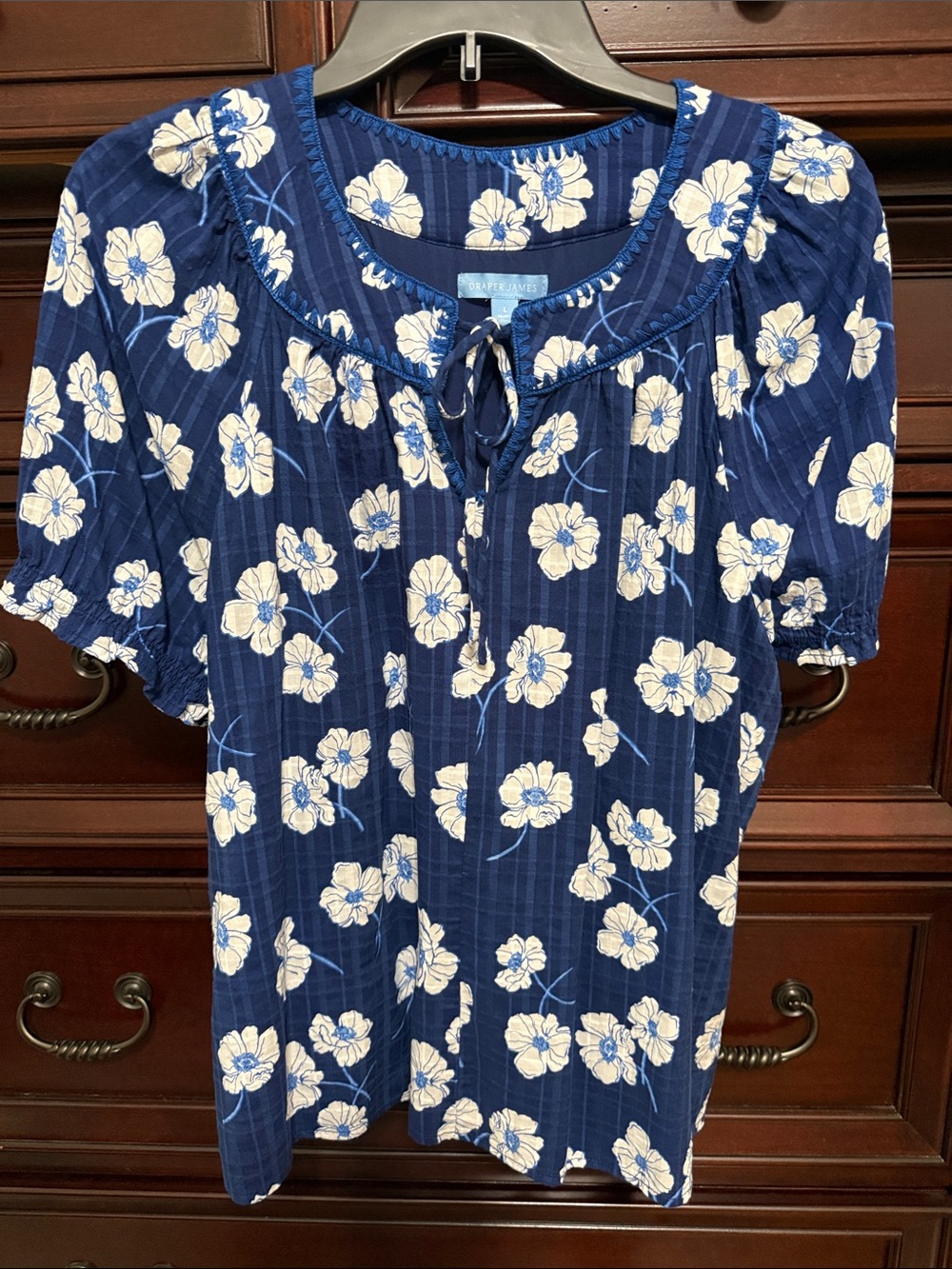 Draper James Navy and Cream Floral Tie-Neck Blouse